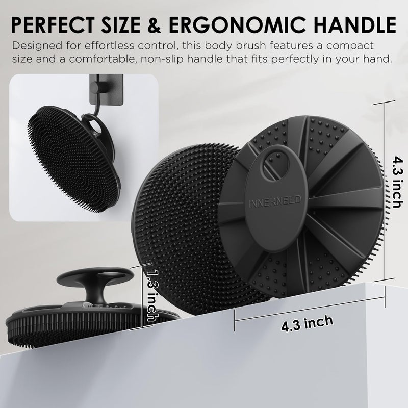 INNERNEED Food-Grade Soft Silicone Body Scrubber Shower Brush Handheld Cleansing Skin Brush, with Exfoliating Net Sponge Case (Black Brush) - Image 4